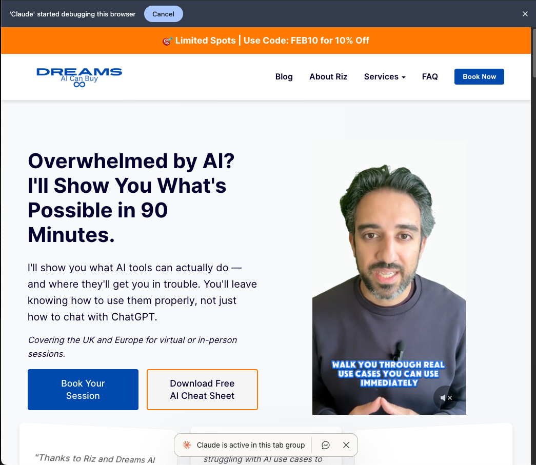 Claude Cowork debugging and controlling the browser on a live website