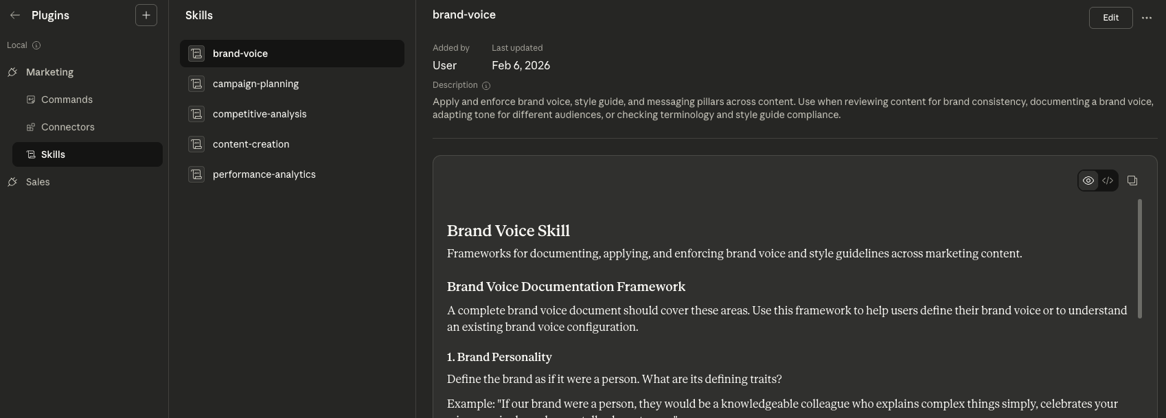 Claude Cowork Skills panel showing Marketing skills like brand-voice, campaign-planning, and competitive-analysis