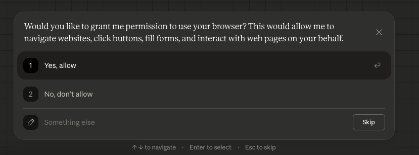 Claude Cowork permission prompt asking to use the browser, with Yes/No options