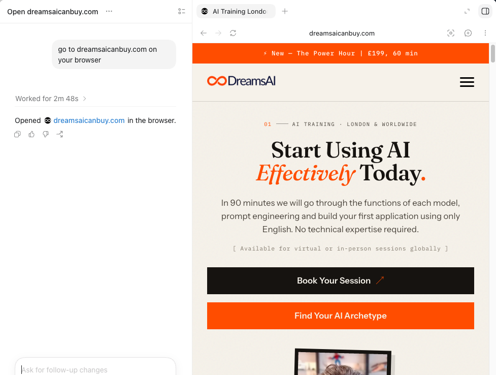 Codex opening and controlling a live website in its in-app browser