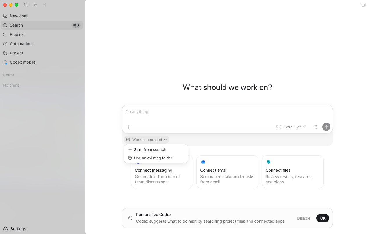Codex desktop app asking what to work on, with options to start from scratch or use an existing folder