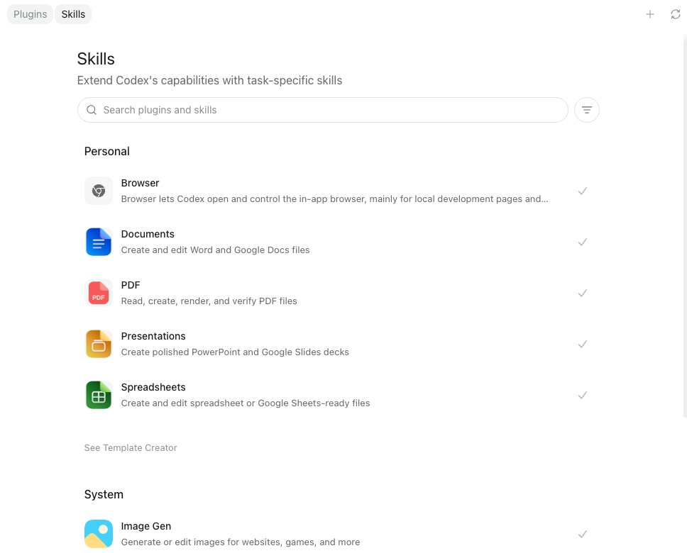 Codex Skills panel showing built-in skills like Browser, Documents, PDF, Presentations, Spreadsheets, and Image Gen