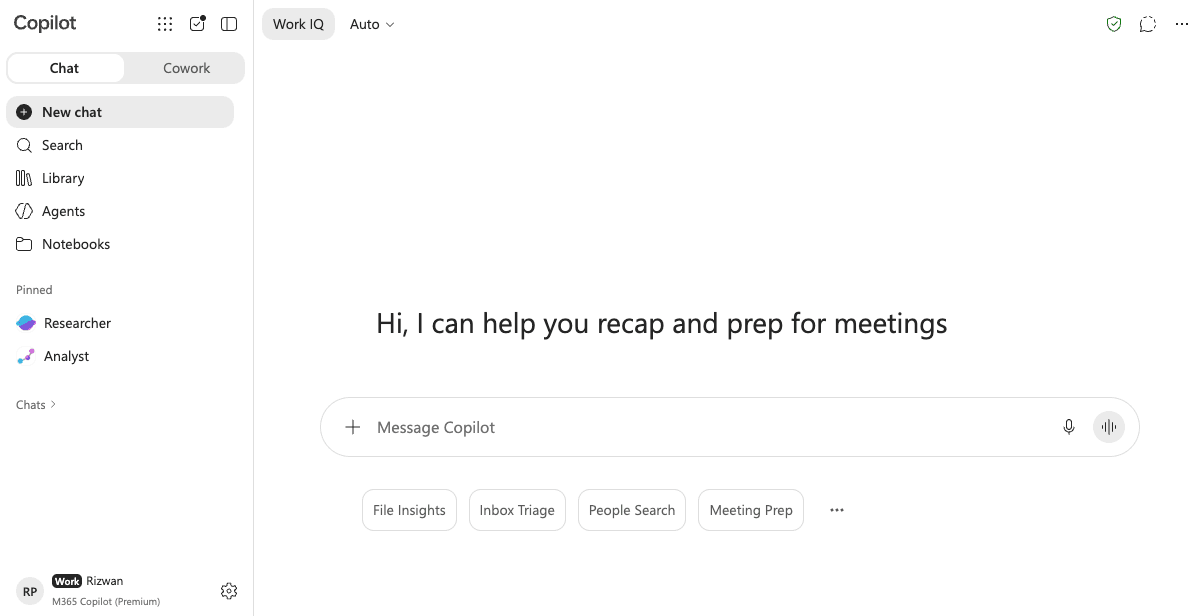 Microsoft 365 Copilot app showing the Chat and Cowork toggle, Work IQ mode, model selector, Agents, Notebooks and the pinned Researcher and Analyst agents