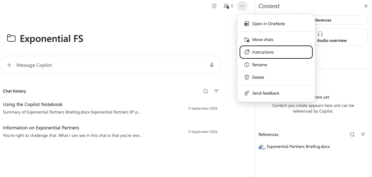 Copilot Notebook called Exponential FS with the Instructions menu open and a briefing document in the References panel