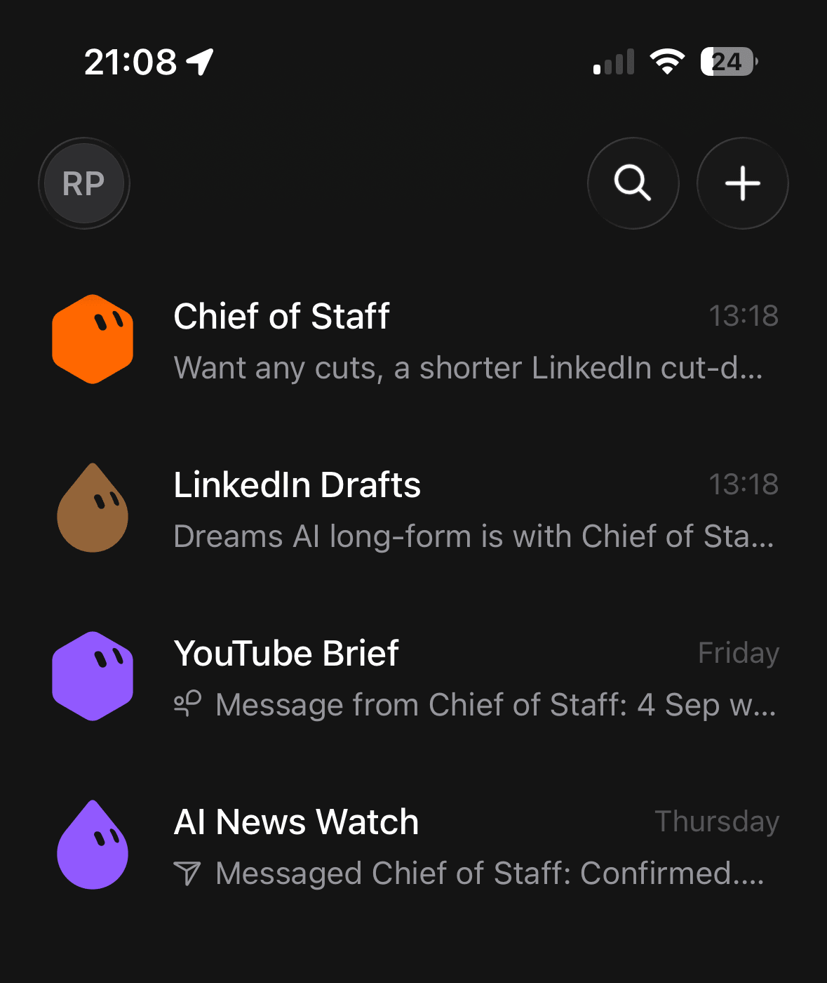 The Grok Bot app on iPhone showing four bots in a list: Chief of Staff, LinkedIn Drafts, YouTube Brief and AI News Watch, each with its latest message preview